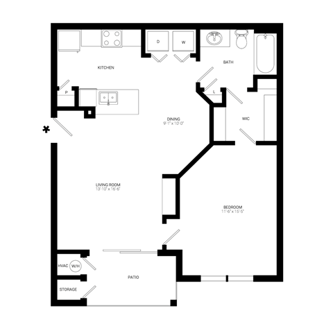 Floor plan for 1 bed, 1 bath, 755 sqft